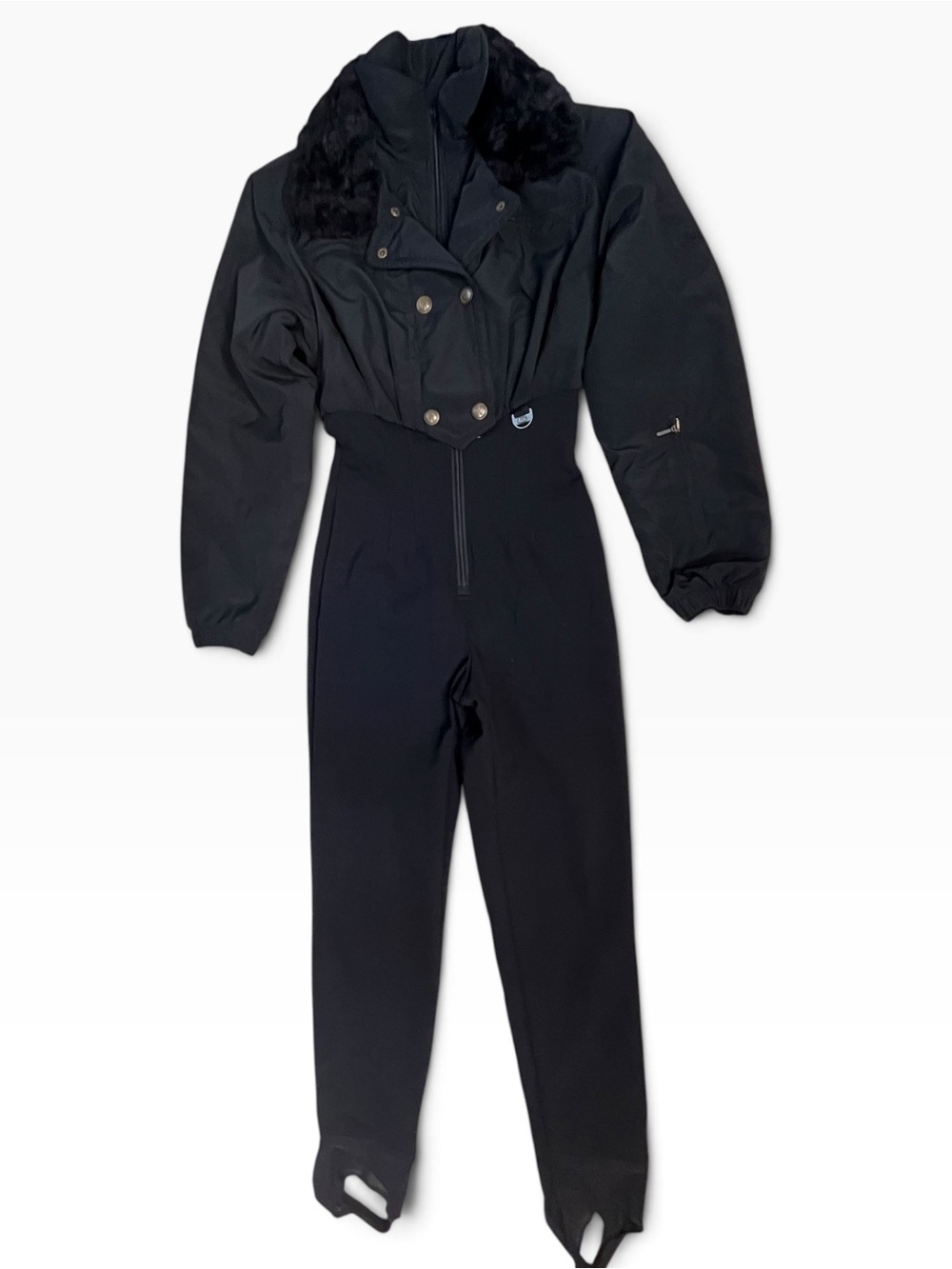 Vintage Nils Stretch One Piece Ski Jumpsuit Womens 8 Stirrup Faux Fur Trim Retro